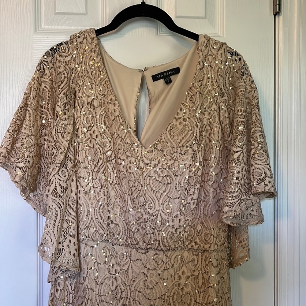 Mariana floor length sequin cape dress NWOT